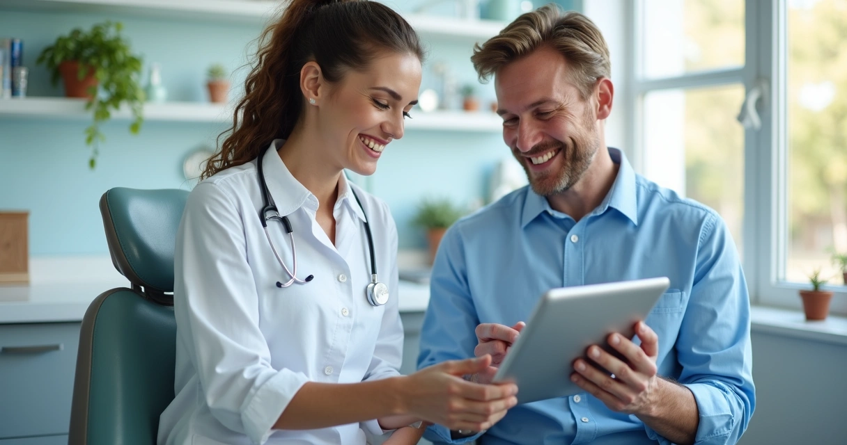 Paciente e dentista sorrindo durante comunicação em clínica 