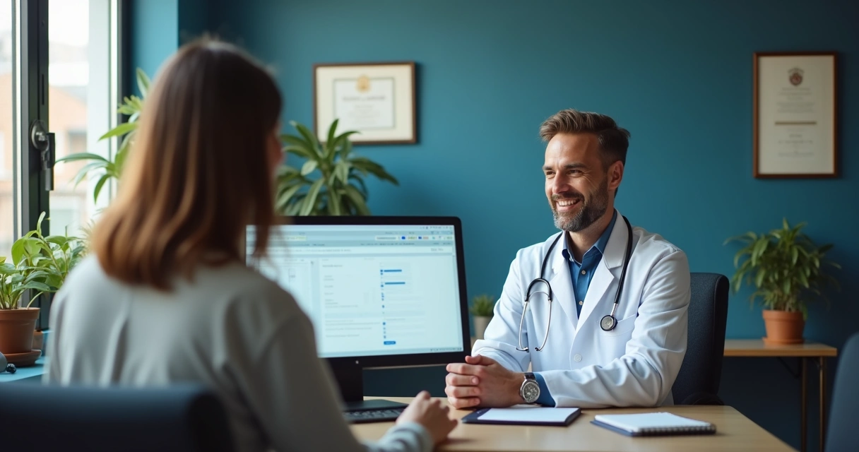 Médico atendendo paciente em consultório pequeno, ambos sorrindo 