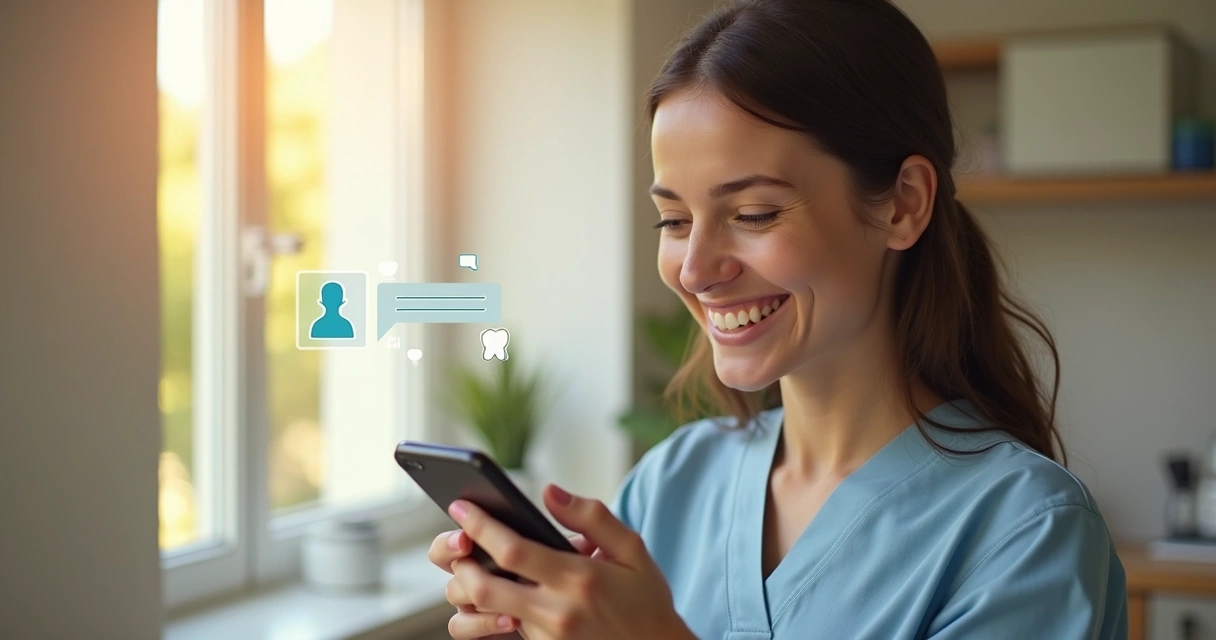 Paciente sorrindo segurando celular com mensagem do dentista