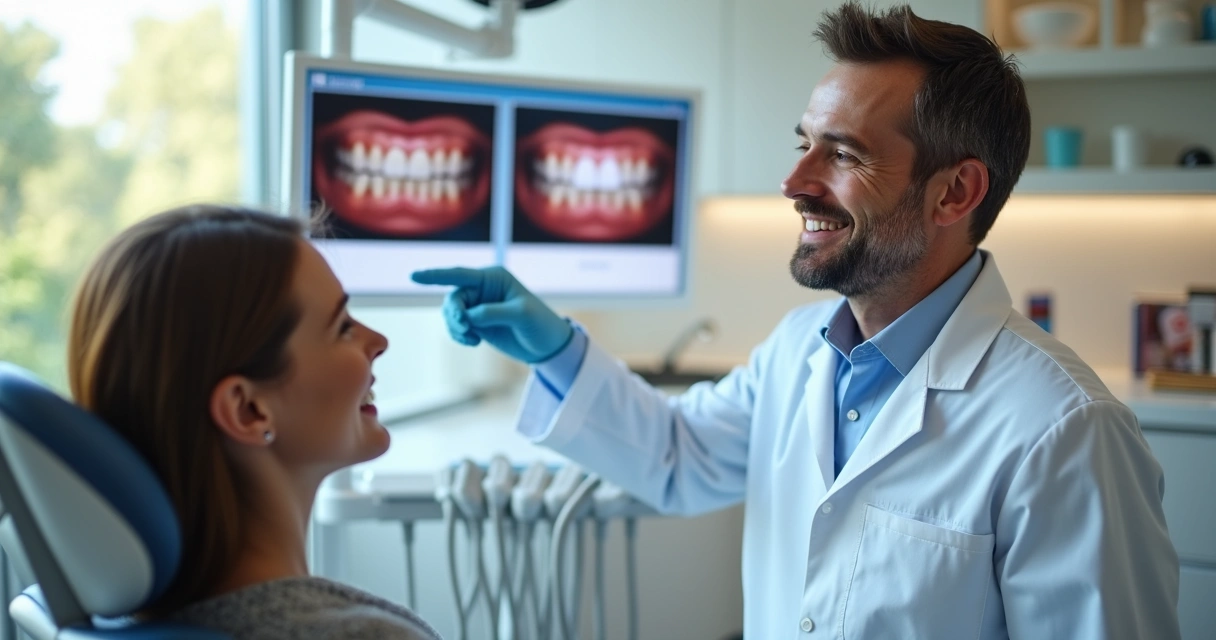 Dentista mostrando resultado do tratamento para paciente feliz 