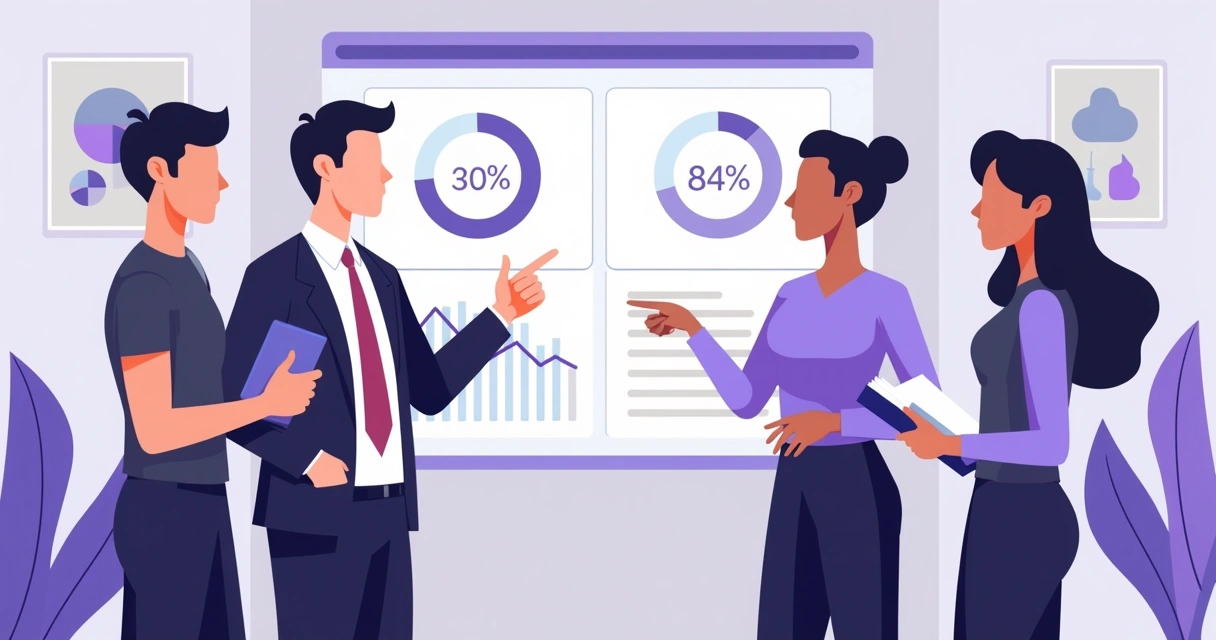 Parceiros conversando juntos em um escritório, painel de leads ao fundo 