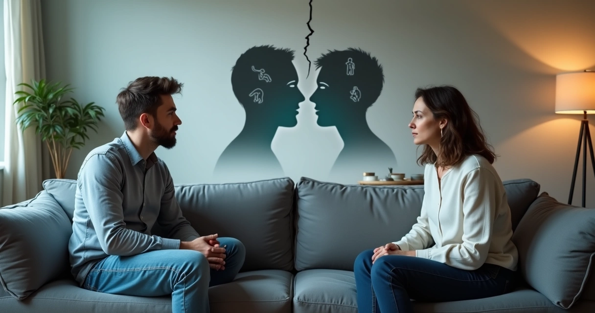 Casal sentado em lados opostos de um sofá com parede rachada em forma de silhueta entre eles 