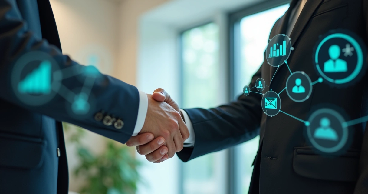 Dois profissionais apertando as mãos em ambiente moderno, com ícones digitais ao redor 