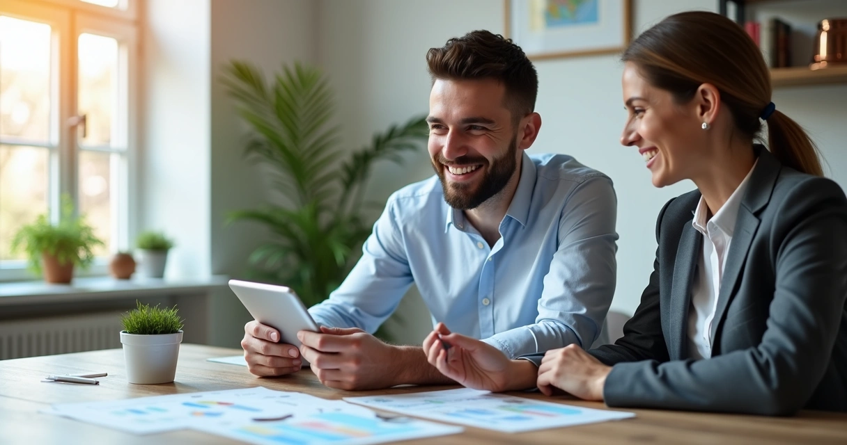 Cliente e corretora de imóveis conversando em sala moderna de reunião com tablet 