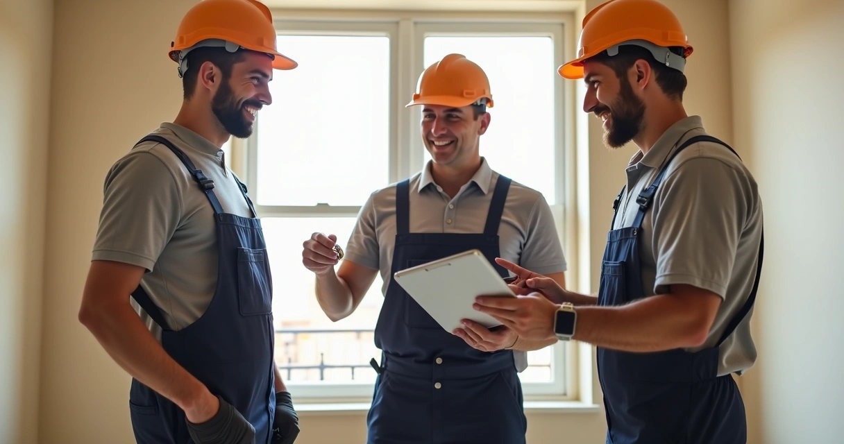 Equipe de obra conversando cordialmente com um casal em sala de apartamento recém-entregue 