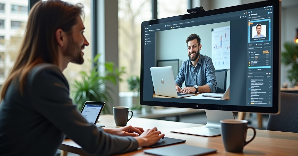 Profissional de agência digital em pós-venda com cliente pelo computador 