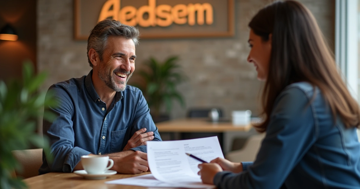 Cliente satisfeito em atendimento pós-venda, sentando à mesa com consultor 
