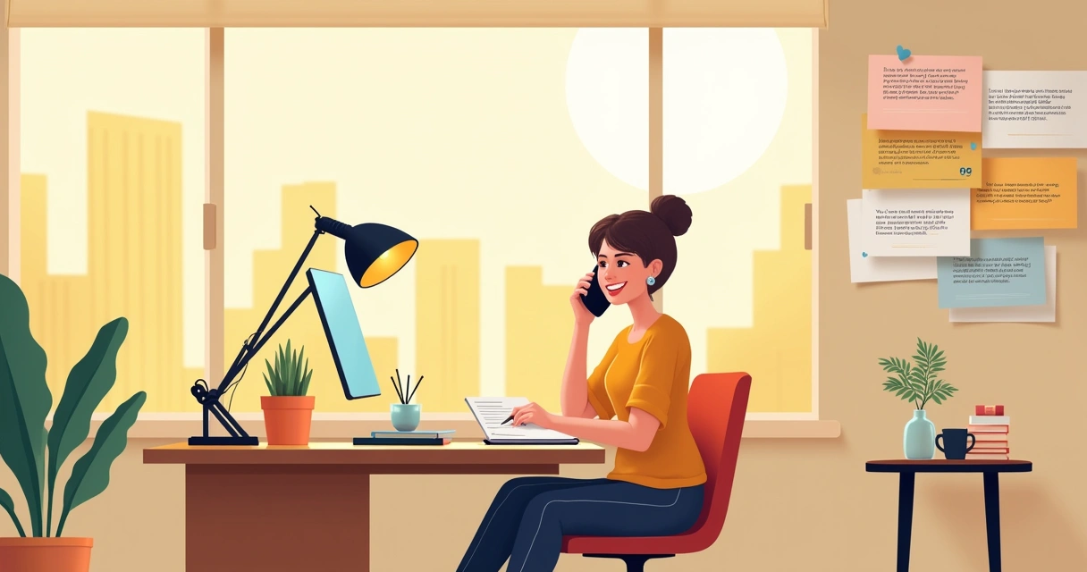 Designer smiling while talking on the phone in a bright studio, surrounded by prints and thank-you cards.