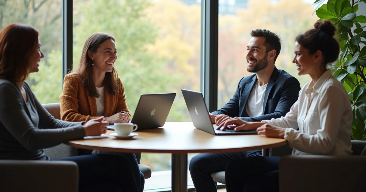 Equipe de atendimento conversando com clientes felizes em ambiente descontraído