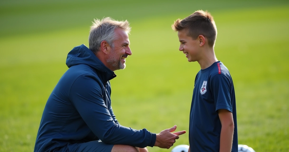 Professor conversa com aluno durante treino de futebol