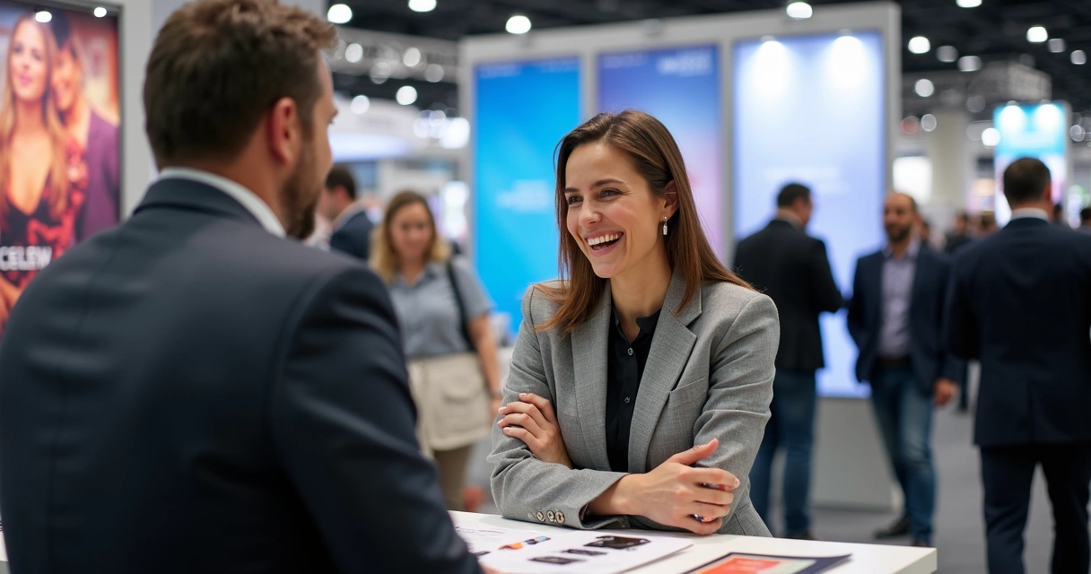 Promotor conversando com cliente em feira de negócios