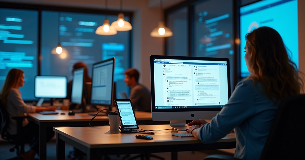 Profissionais de vendas usando computadores para interagir no LinkedIn em um escritório moderno 