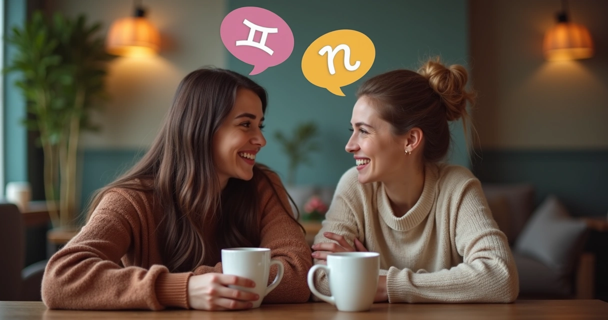 Duas pessoas sentadas conversando sorrindo cada uma com símbolos dos signos diferentes em balões de fala 