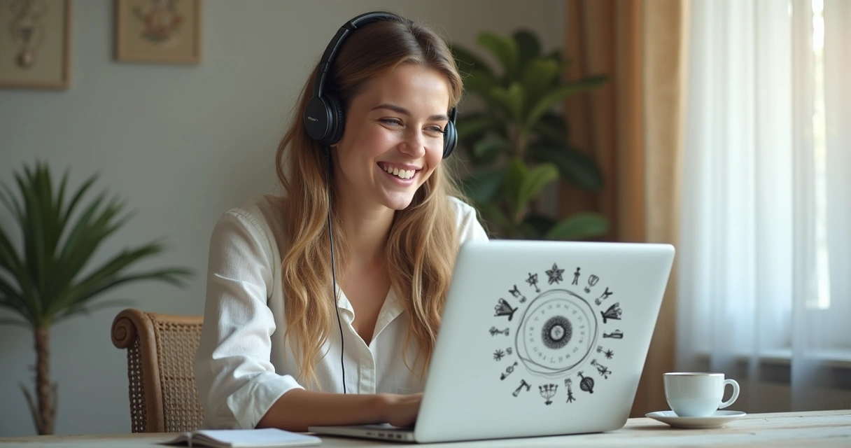 Consultora de tarot sorridente ouvindo cliente por áudio 