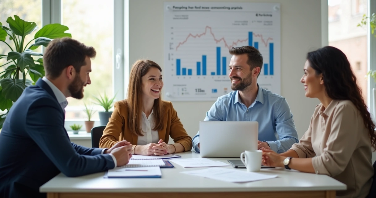Reunião de time de contabilidade com cliente sorridente 