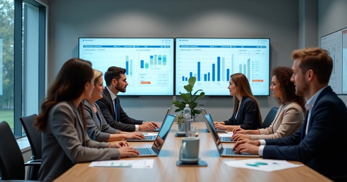 Equipe de contabilidade alinhada em reunião analisando dados de cliente 