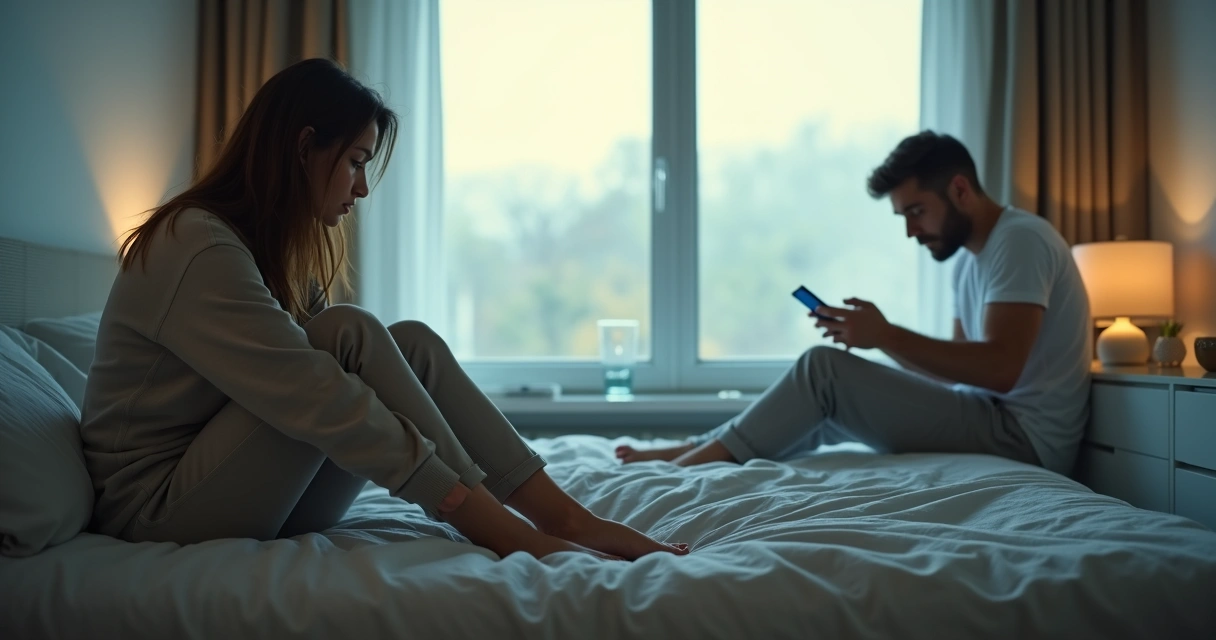 Mulher sentada na cama de casal olhando pela janela enquanto homem de costas mexe no celular 