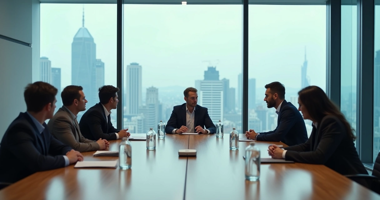 Equipe em reunião com clima tenso em escritório corporativo 