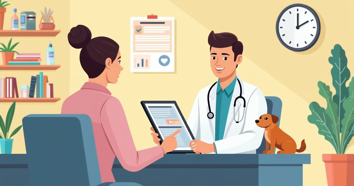 Veterinário conversando com tutor e pet no consultório, mostrando relatórios em tablet 