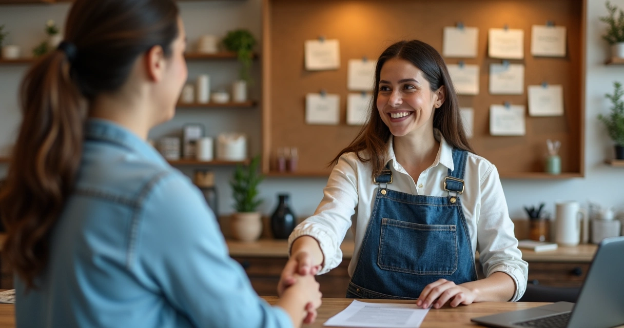 Pequeno empresário recebendo feedback positivo de cliente após venda 