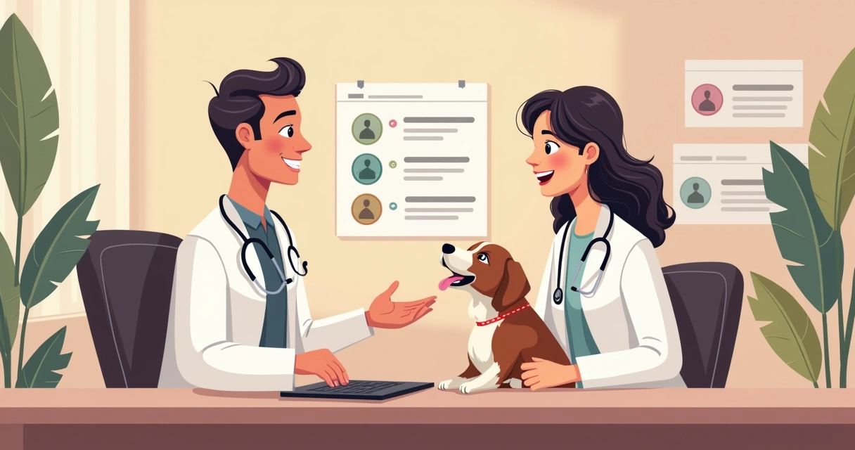 Veterinário conversando com tutor e pet em ambiente de clínica 