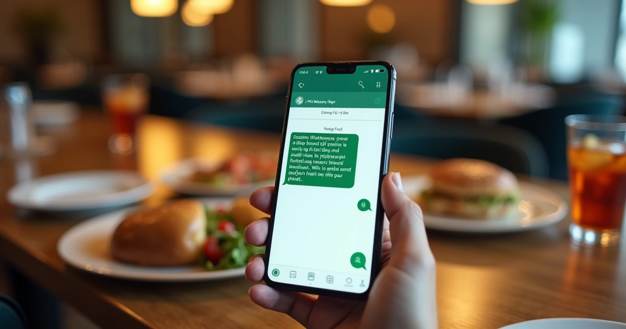 Celular mostrando conversa de WhatsApp de restaurante com cliente, mesa com comida ao fundo 