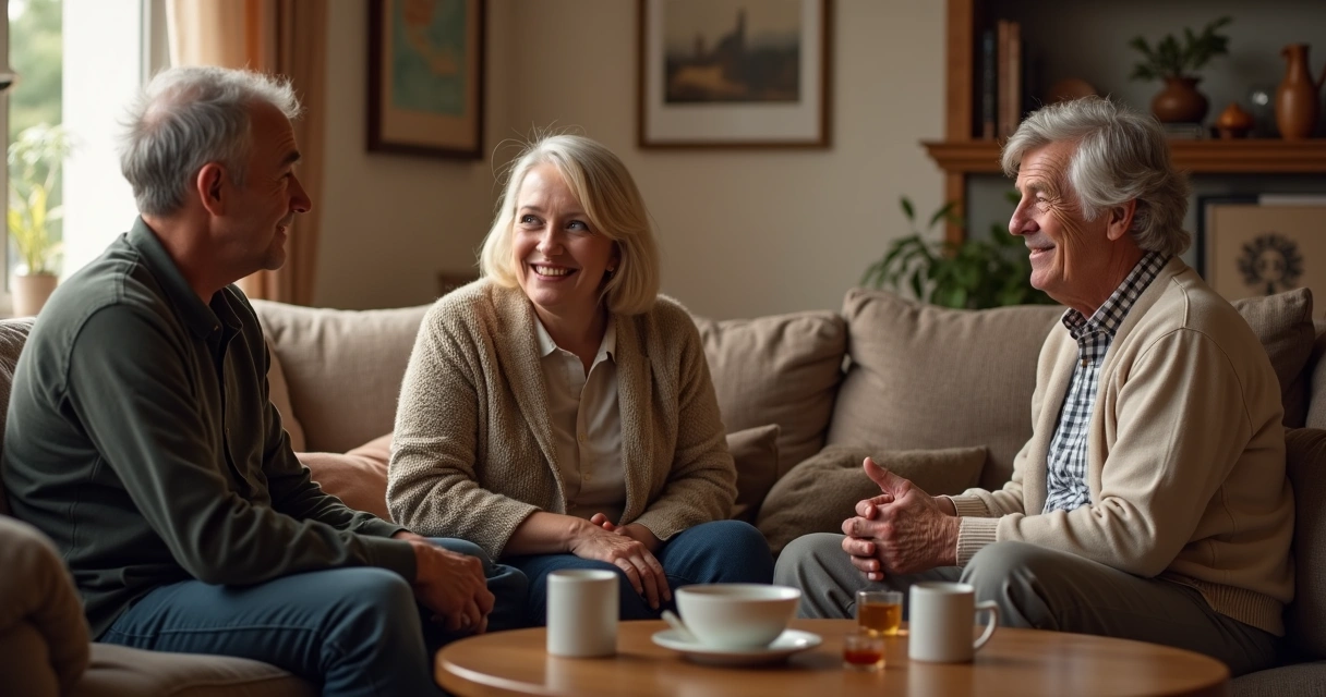 Pessoas conversando próximas, expressão serena de compreensão e empatia 