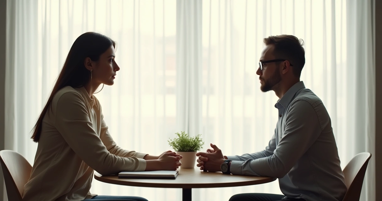 Duas pessoas sentadas conversando com expressões sérias 