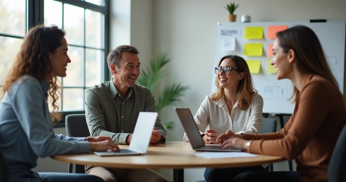 Quatro pessoas sentadas em círculo em escritório moderno, dialogando com posturas abertas e atentas. 