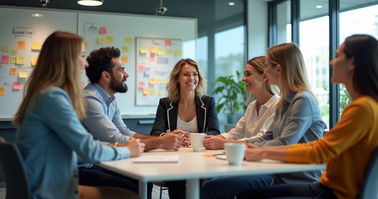Grupos de pessoas sorrindo e trocando ideias numa sala de reunião 