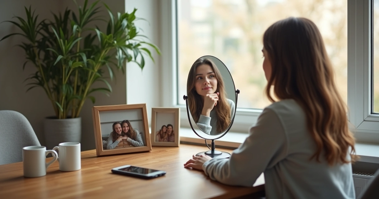 Pessoa refletindo sobre si mesma cercada por diferentes relações sociais 