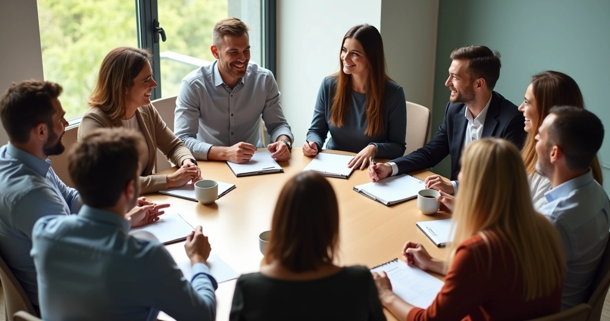 Grupo diversificado de pessoas conversando sentadas em torno de uma mesa 