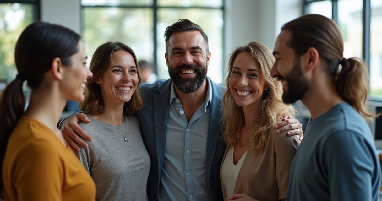 Equipe de escritório reunida em círculo, sorrindo e conectada 