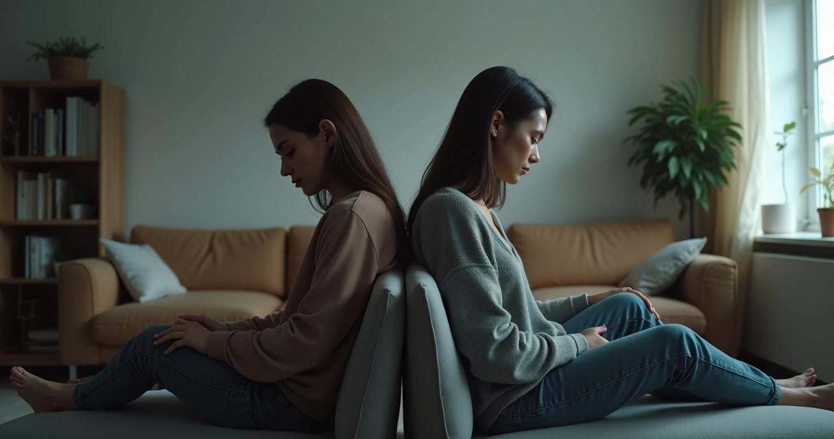 Duas pessoas em lados opostos de uma sala, olhando para direções diferentes em postura tensa 