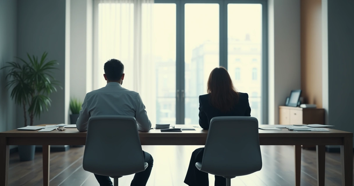 Duas pessoas em clima de tensão sentadas em lados opostos de uma mesa, mostrando desconforto 