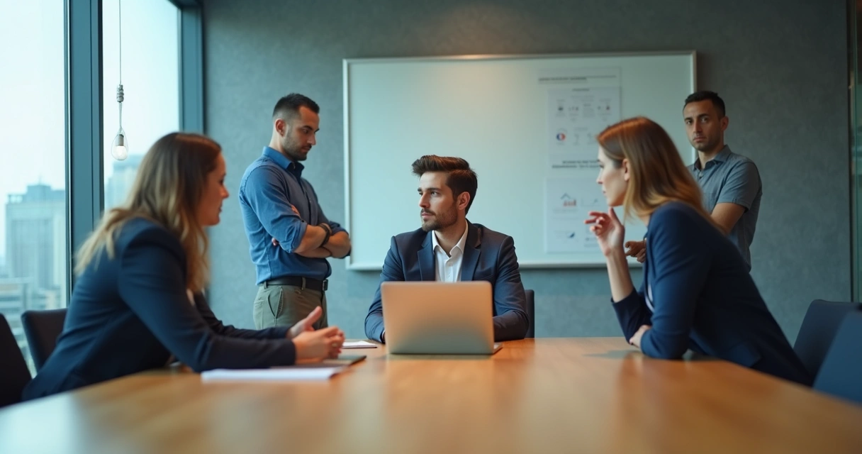 Profissional em mesa de reunião isolado enquanto colegas cochicham ao fundo 