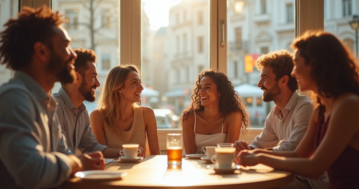 Personas conversando con gestos abiertos en una cafetería luminosa