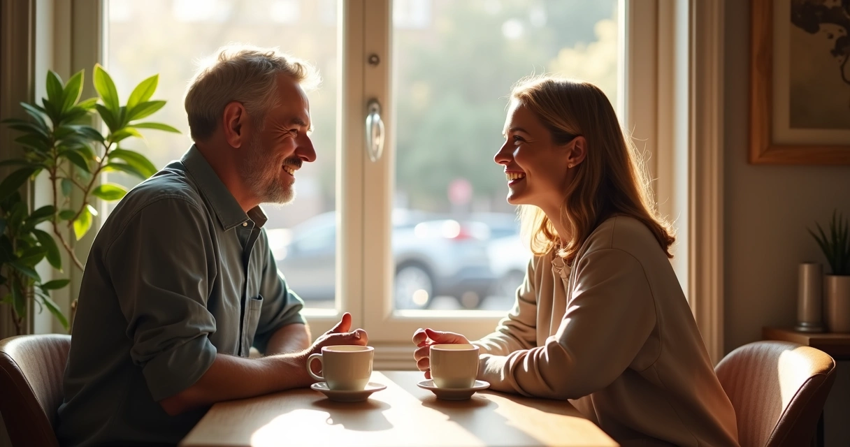 Dos personas conversando amigablemente en una cafetería tranquila 