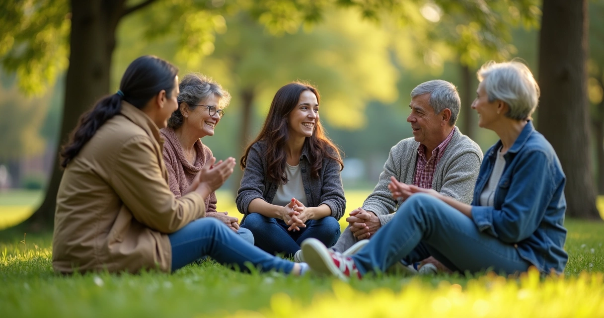 Grupo de personas conversando en un entorno tranquilo y natural 