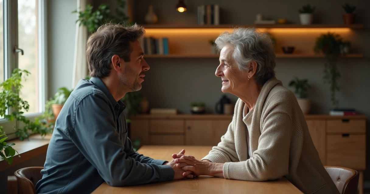 Dos personas conversando sentadas frente a frente en una mesa, dialogando en un ambiente tranquilo 