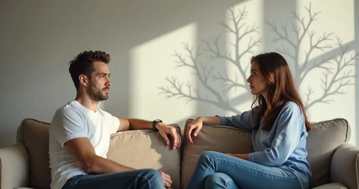 Dos personas sentadas separadas en un sofá, mirando en direcciones opuestas, mostrando distancia emocional