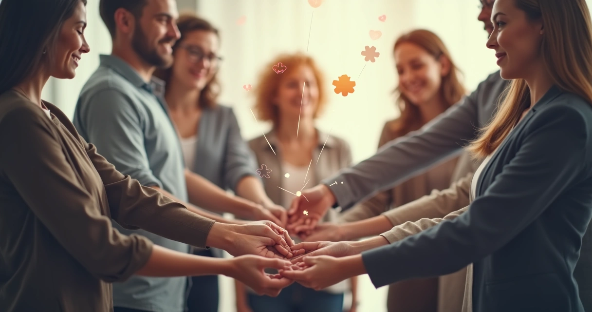 Personas formando un círculo, unidas por lazos luminosos que simbolizan vínculos emocionales sólidos