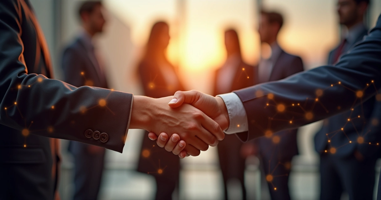 Dos personas estrechando manos, al fondo siluetas de un equipo y redes de conexión sutiles 