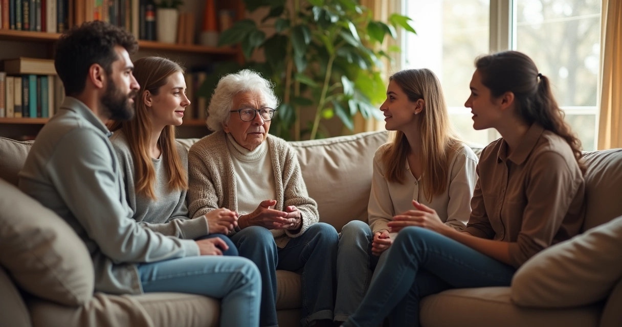 Familia dialogando en casa sobre sus emociones 