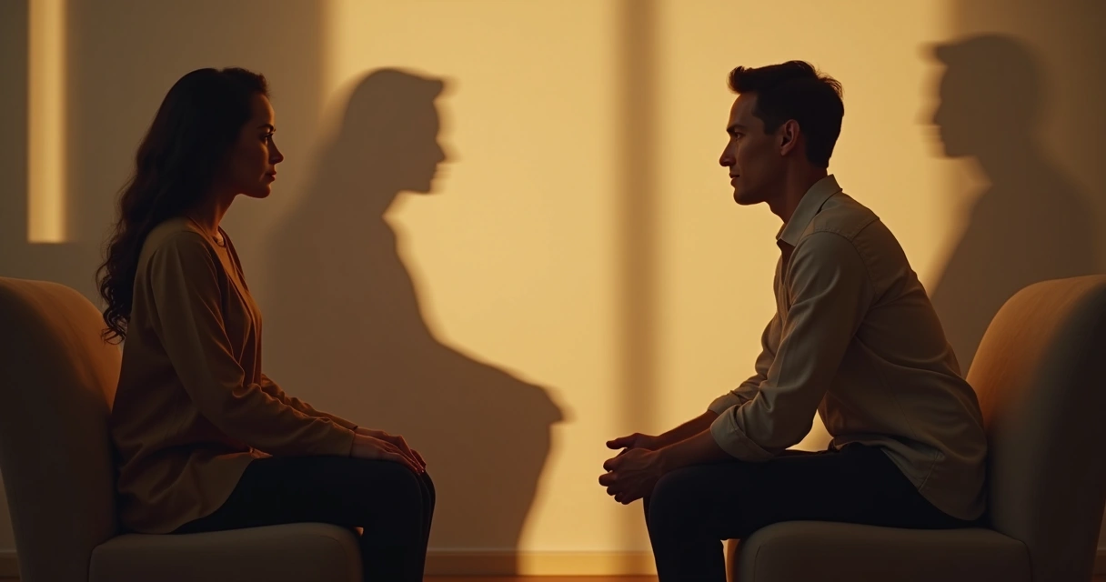 Dos personas sentadas en una habitación, sombras representando antepasados detrás 