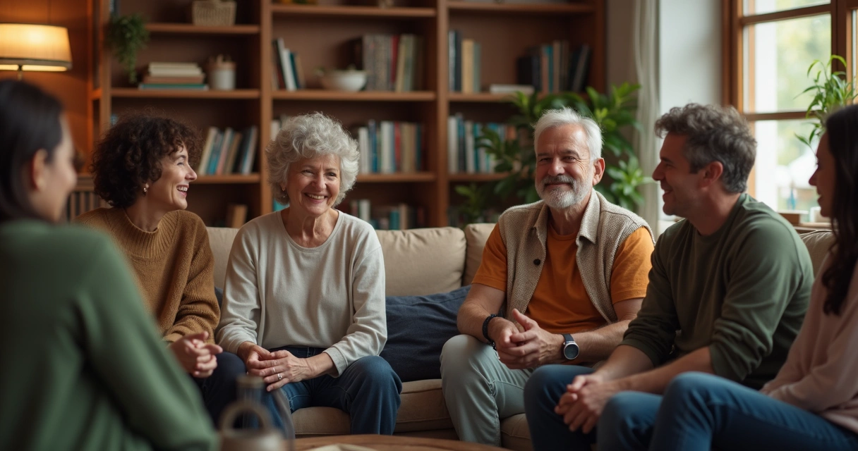 Grupo de personas conversando y sonriendo en un espacio acogedor 