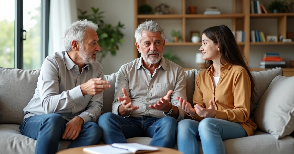 Tres generaciones de una familia conversando juntas en el sofá del salón 