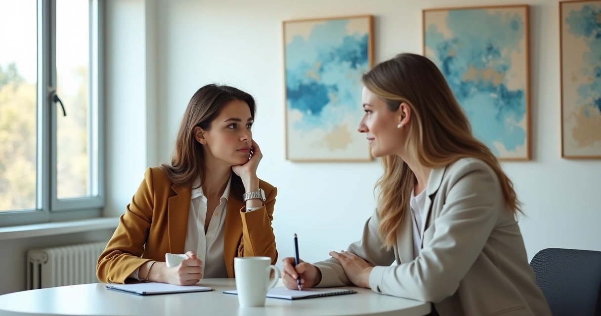 Dos personas en una oficina conversando de manera cercana