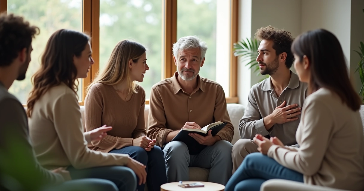 Grupo diverso de adultos conversando con conexión y respeto en un espacio luminoso 
