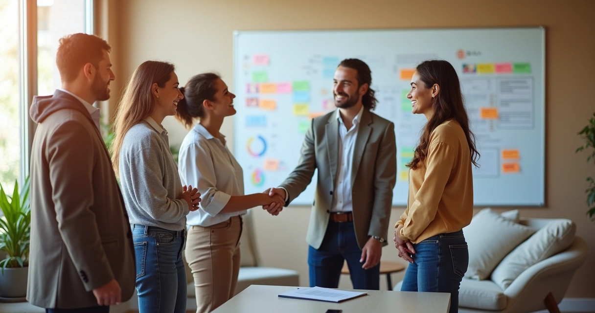 Equipo recibiendo a nuevo miembro en sala de reuniones